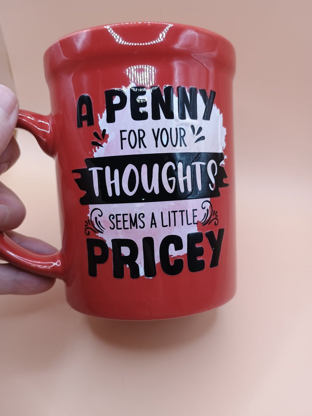 IMPERFECT “Penny for Your Thoughts” Red Mug – Funny Quote UV DTF Wrap (Discounted)
Description: