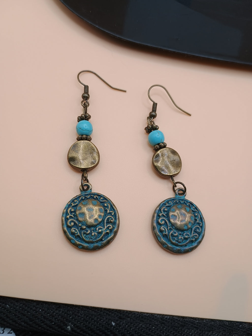Faux Turquoise & Antique Bronze Filigree Dangle Earrings – Rustic Vintage Statement Earrings