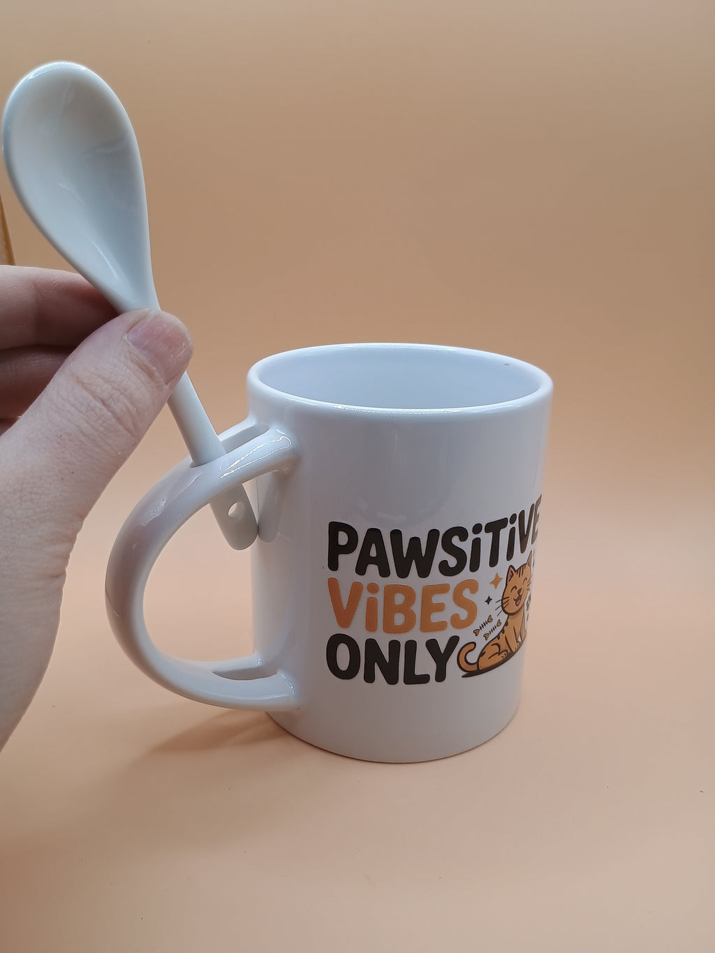 “Pawsitive Vibes Only” Cat Mug – All White Ceramic Coffee Cup with Spoon