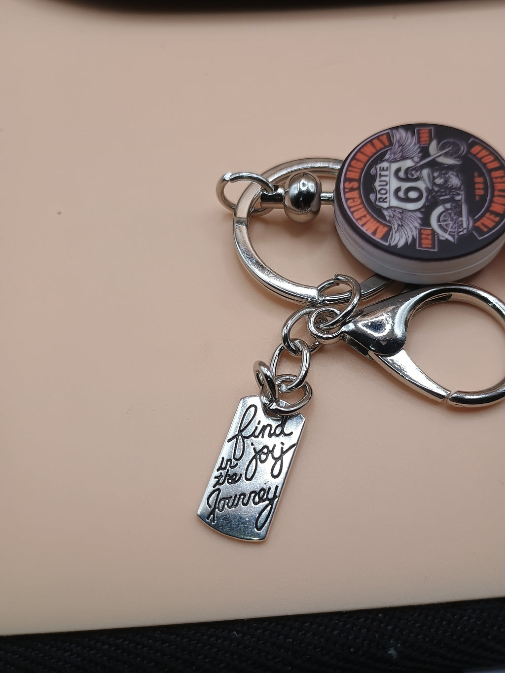 Route 66 Motorcycle Beaded Keychain – “America’s Highway” Silver Bag Charm