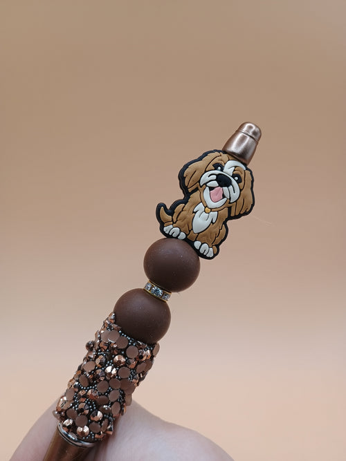 Brown Dog Beaded Pen – Sequin & Silicone Handmade 1.0 Ink Pen