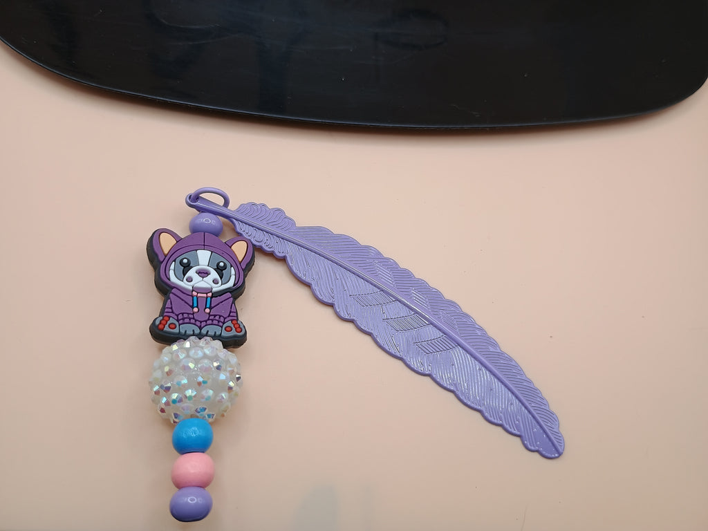 French Bulldog Feather Bookmark – Purple Metal Bookmark with Beaded Accent