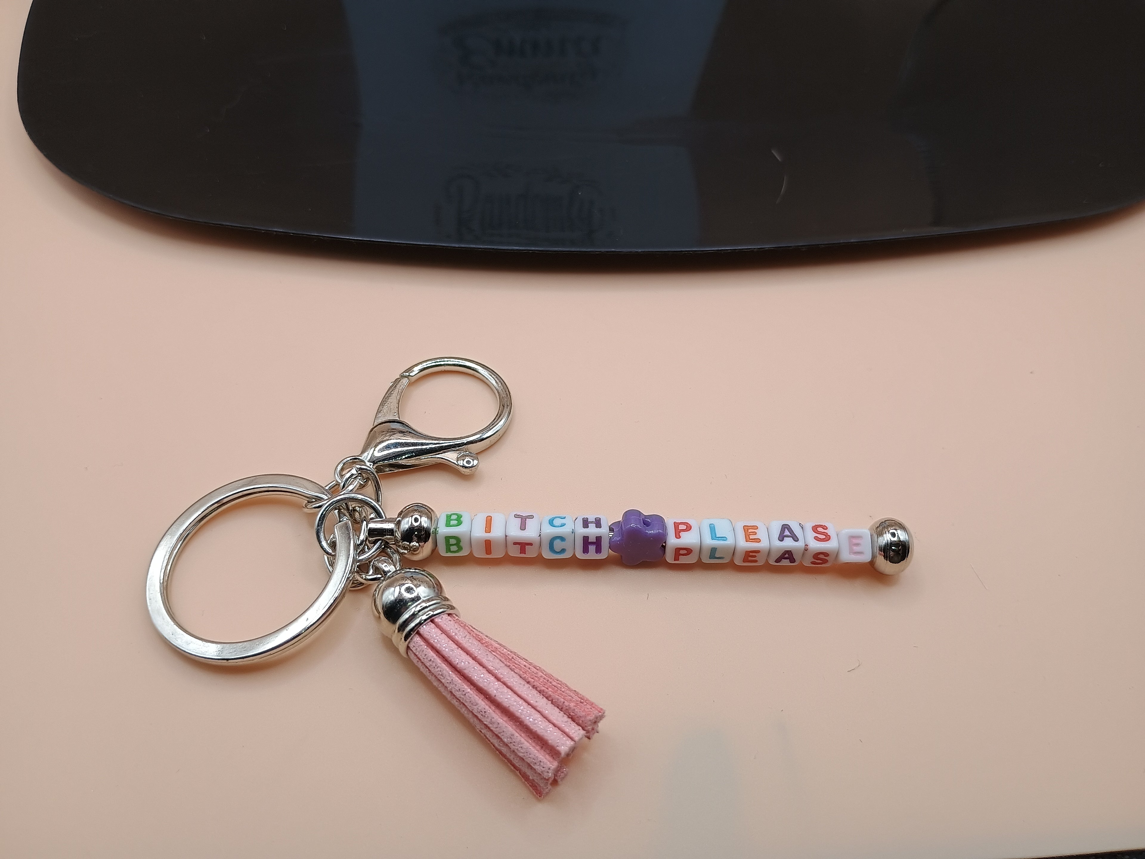 “B*tch Please” Beaded Keychain – Silver Metal Bag Charm with Pink Tassel