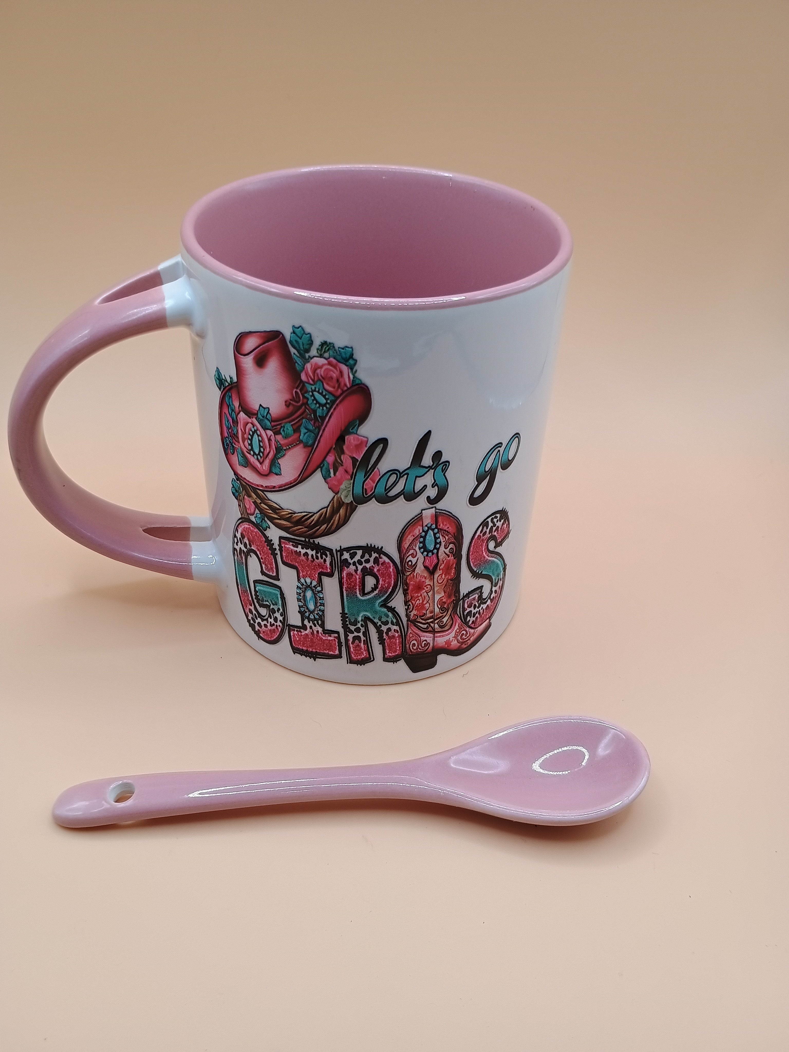 “Let’s Go Girls” Western Chic Ceramic Mug – White & Blush Pink Cowboy Coffee Cup with Spoon
