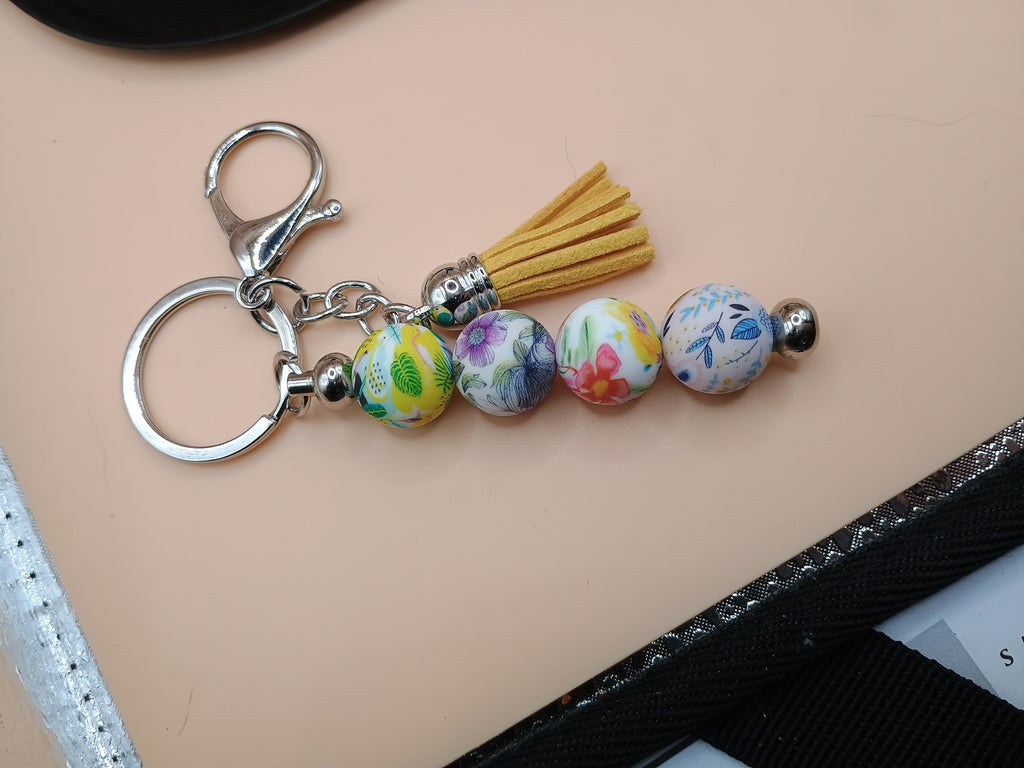 Multicolor Floral Beaded Keychain – Silver Metal Keychain with Yellow Tassel