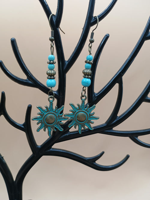 Faux Turquoise Sunburst Drop Earrings – Antique Bronze Celestial Boho Statement Earrings